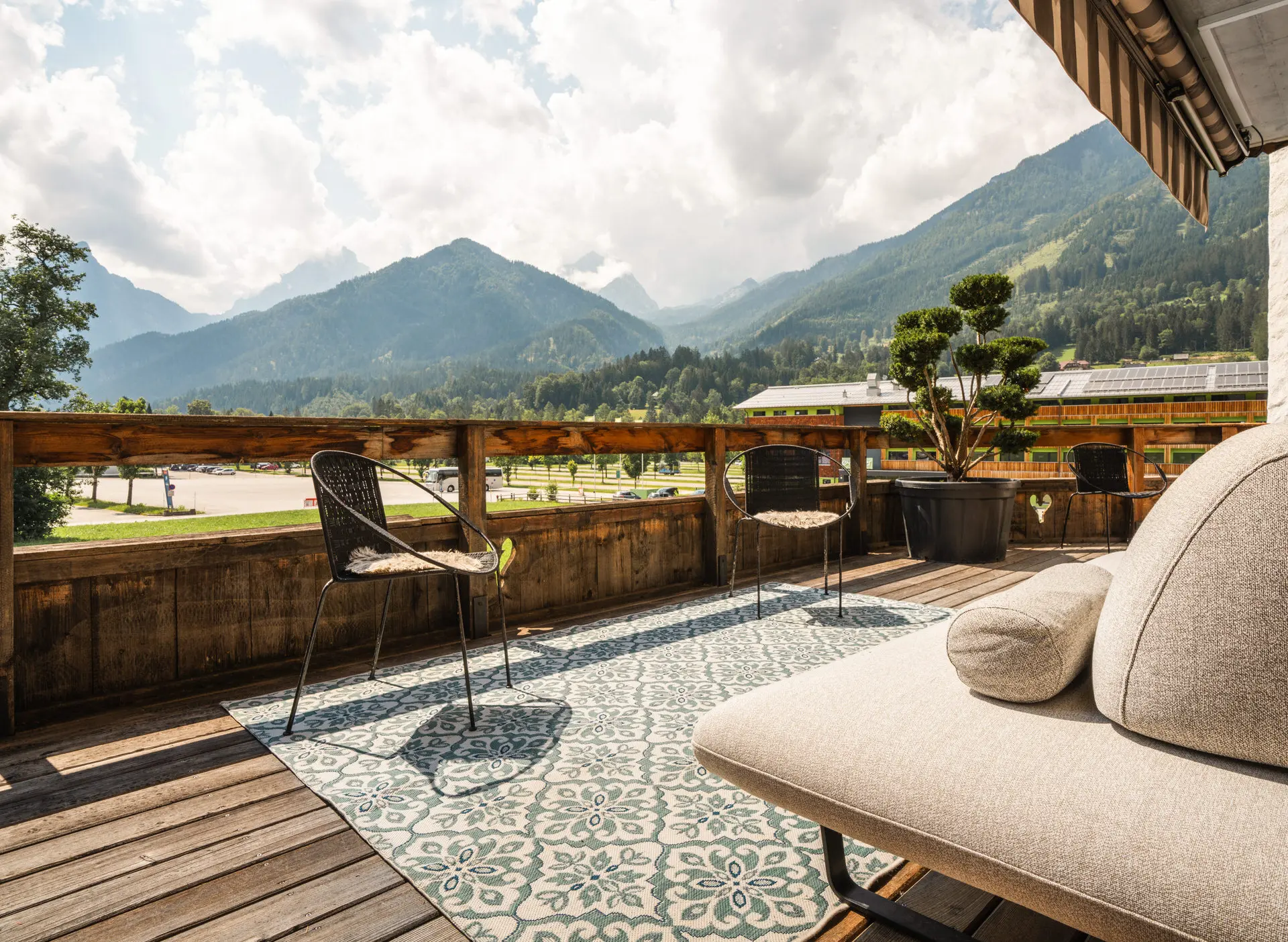 Terrace with mountain panorama at Hinterstoder alpine ski residence