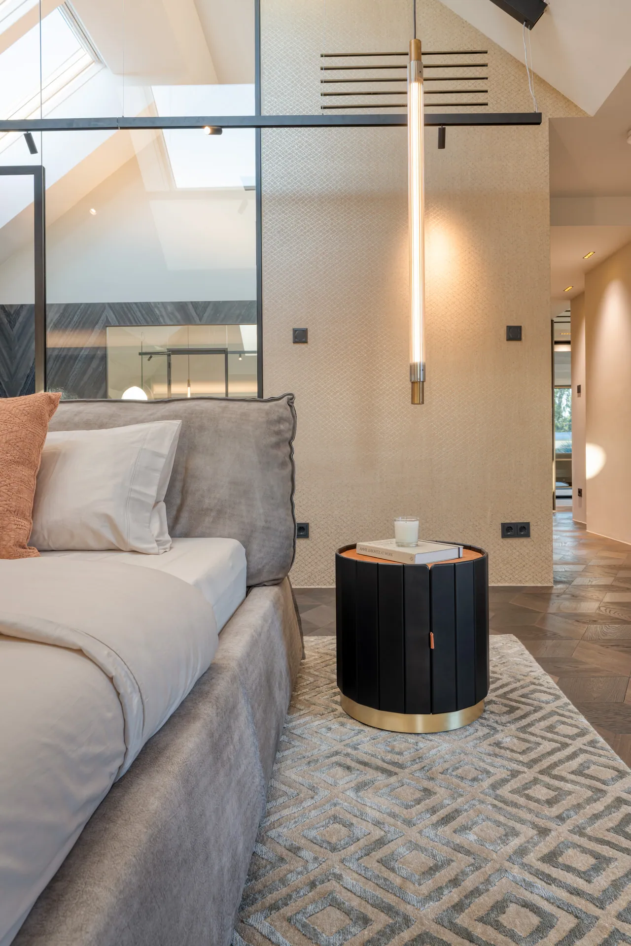 Bedroom nightstand and pendant light detail in Vienna luxury penthouse