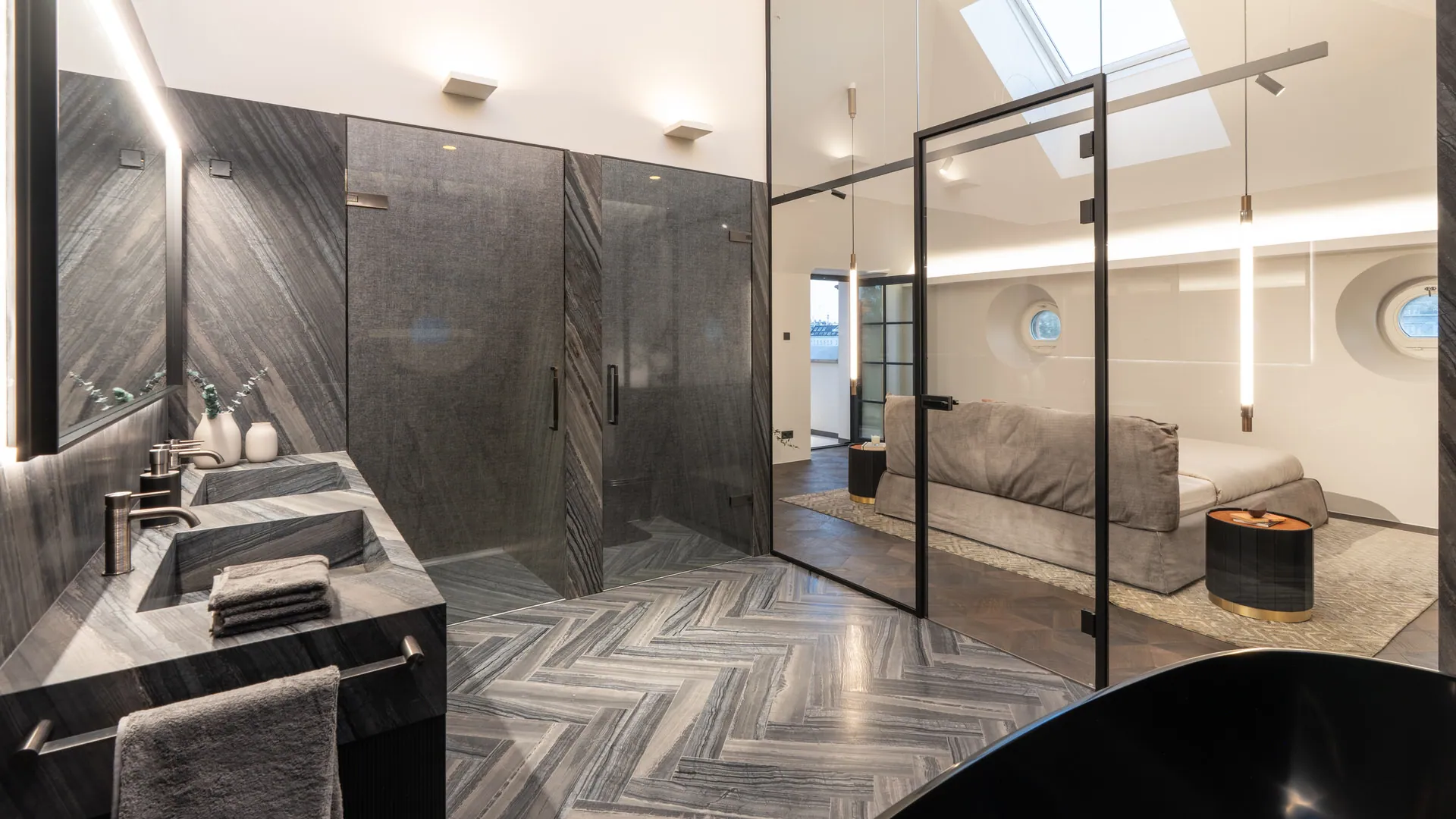 Marble ensuite walk-in shower in exclusive Vienna penthouse