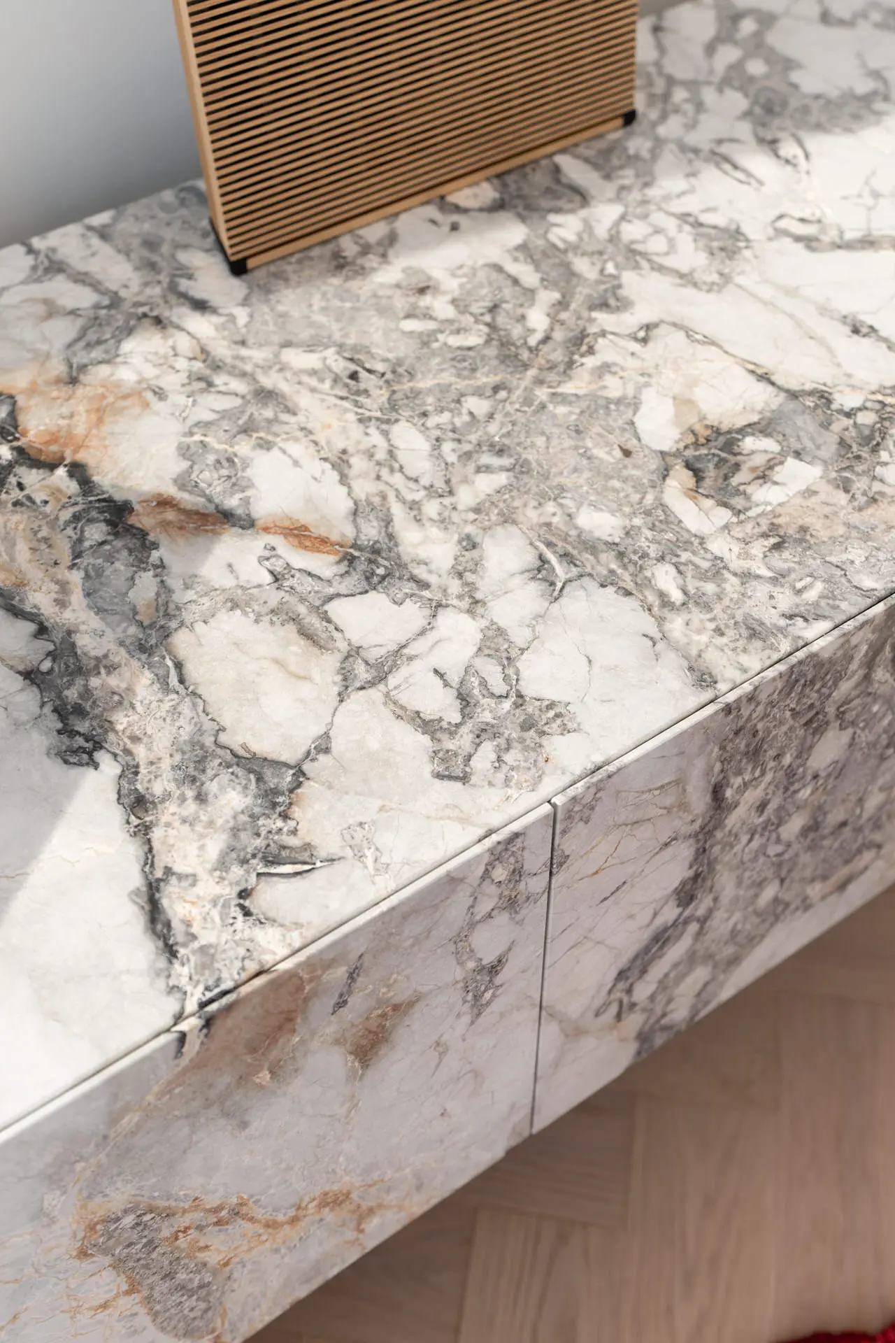 Arabescato marble bedroom credenza detail in luxury Miami condo