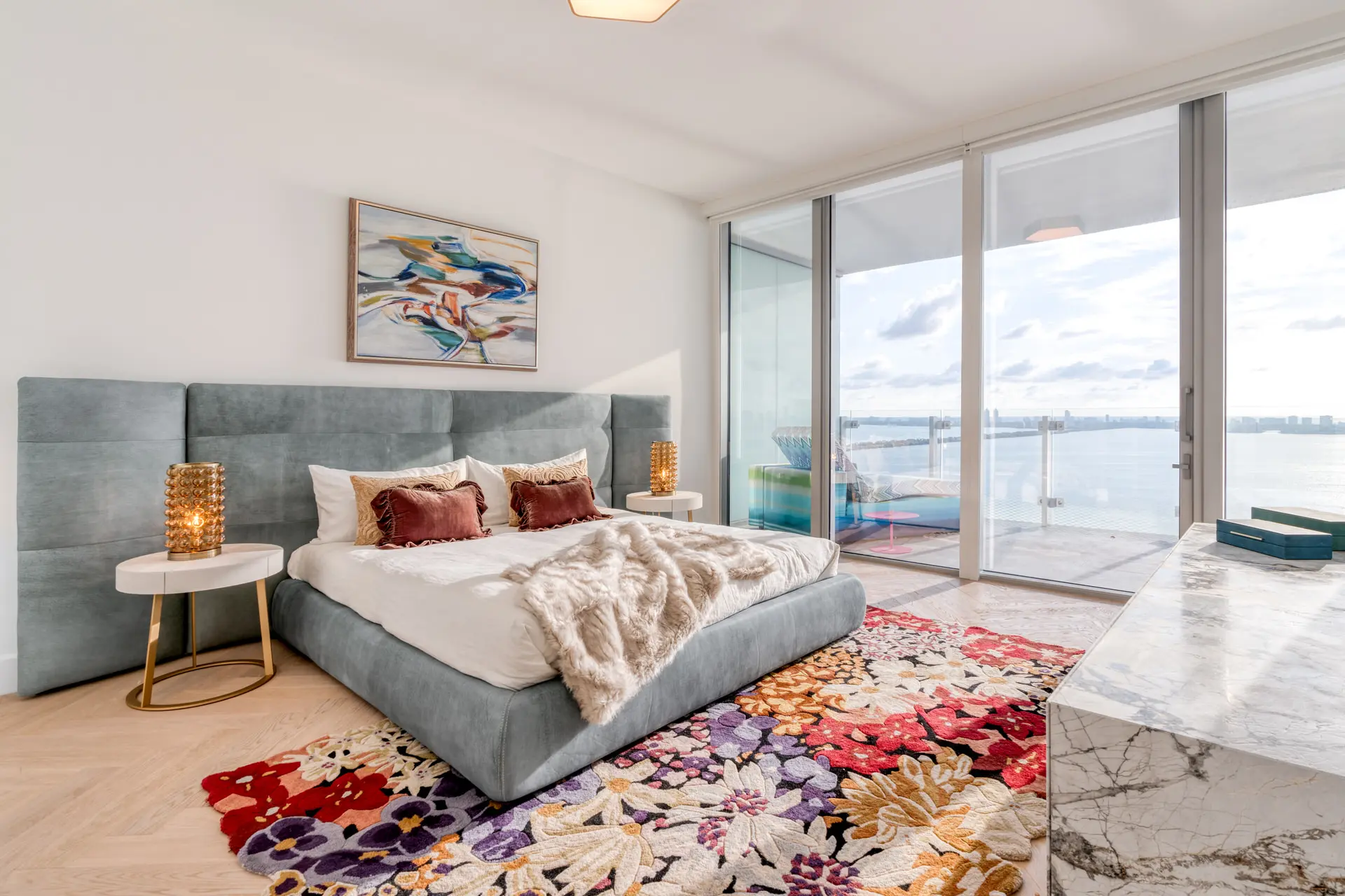 Baxter master bedroom with Biscayne Bay view in Miami penthouse
