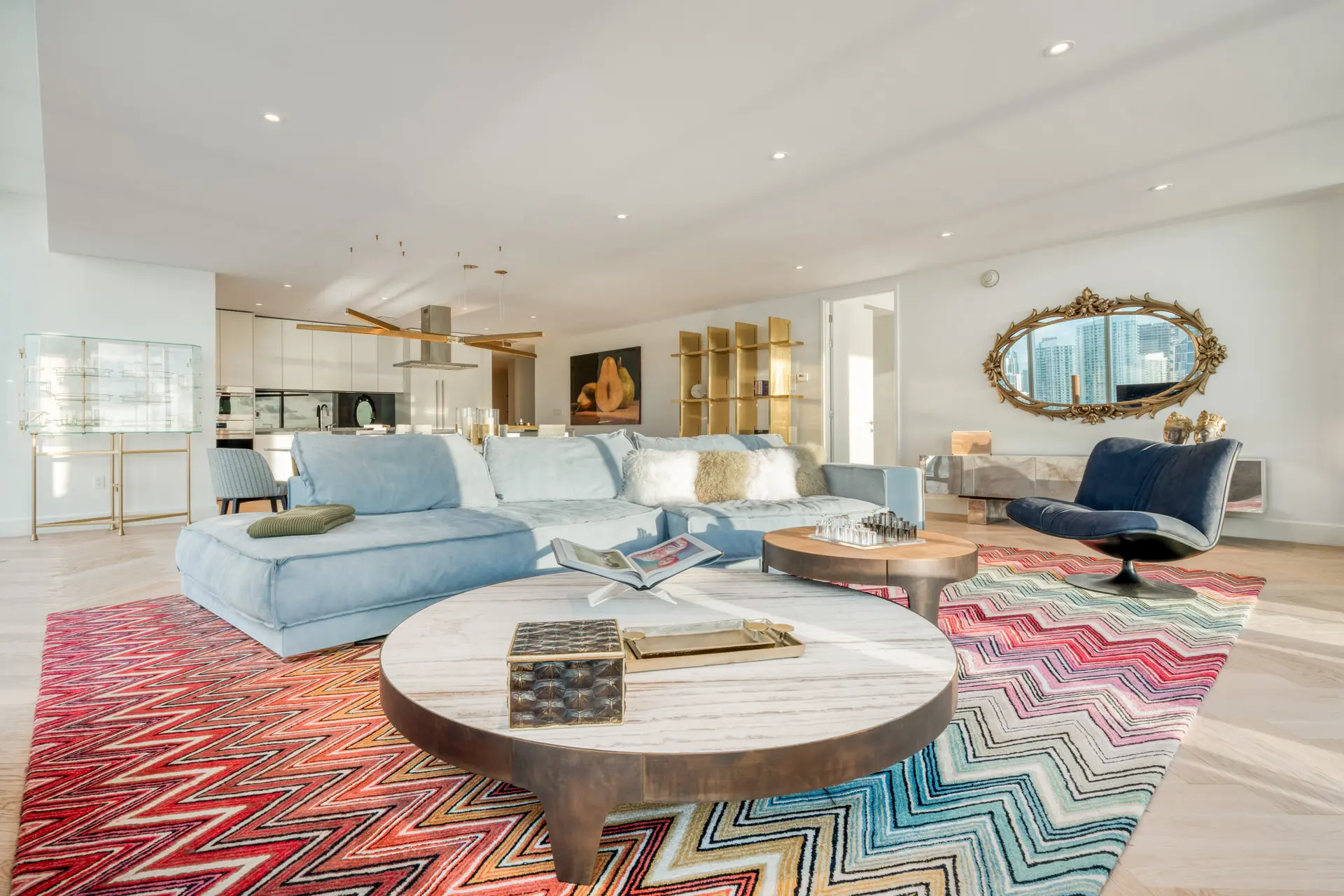 Baxter sofa and Missoni rug in luxury Miami penthouse living room
