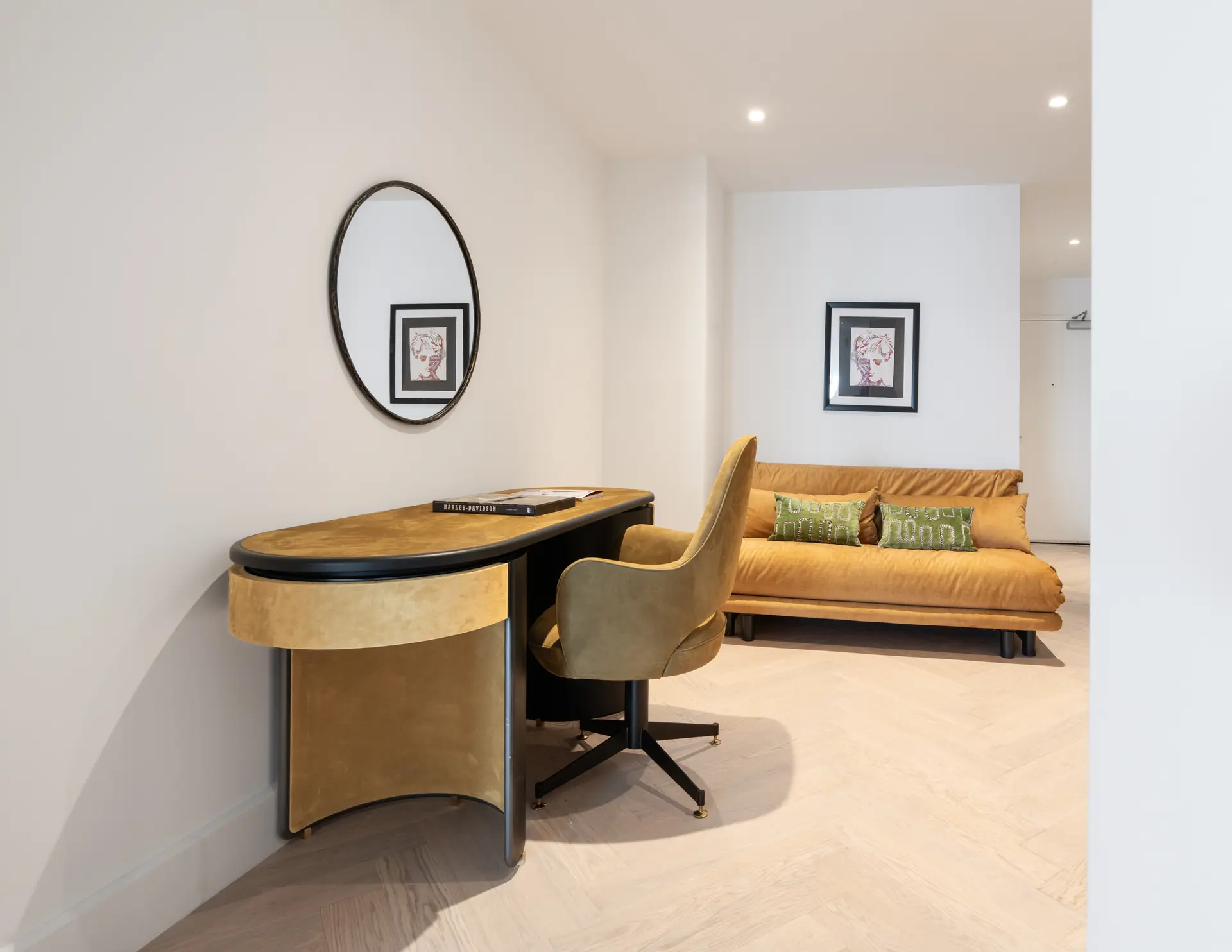 Baxter suede desk and ochre daybed in penthouse study