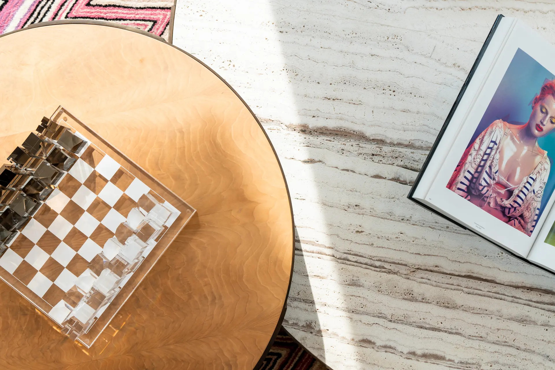 Marble coffee table with chess set detail in luxury Miami condo