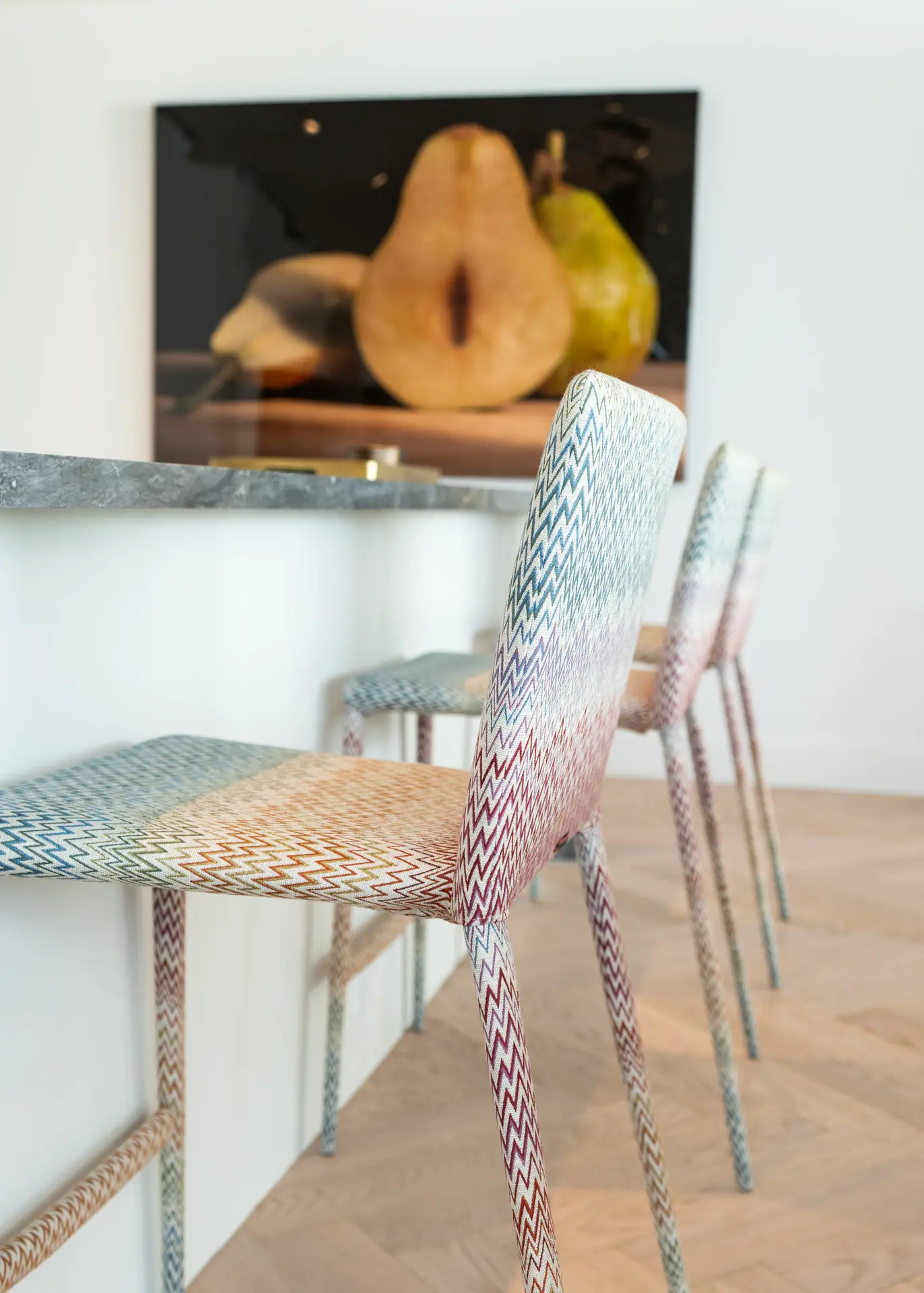 Missoni bar stool detail at kitchen counter in Miami penthouse