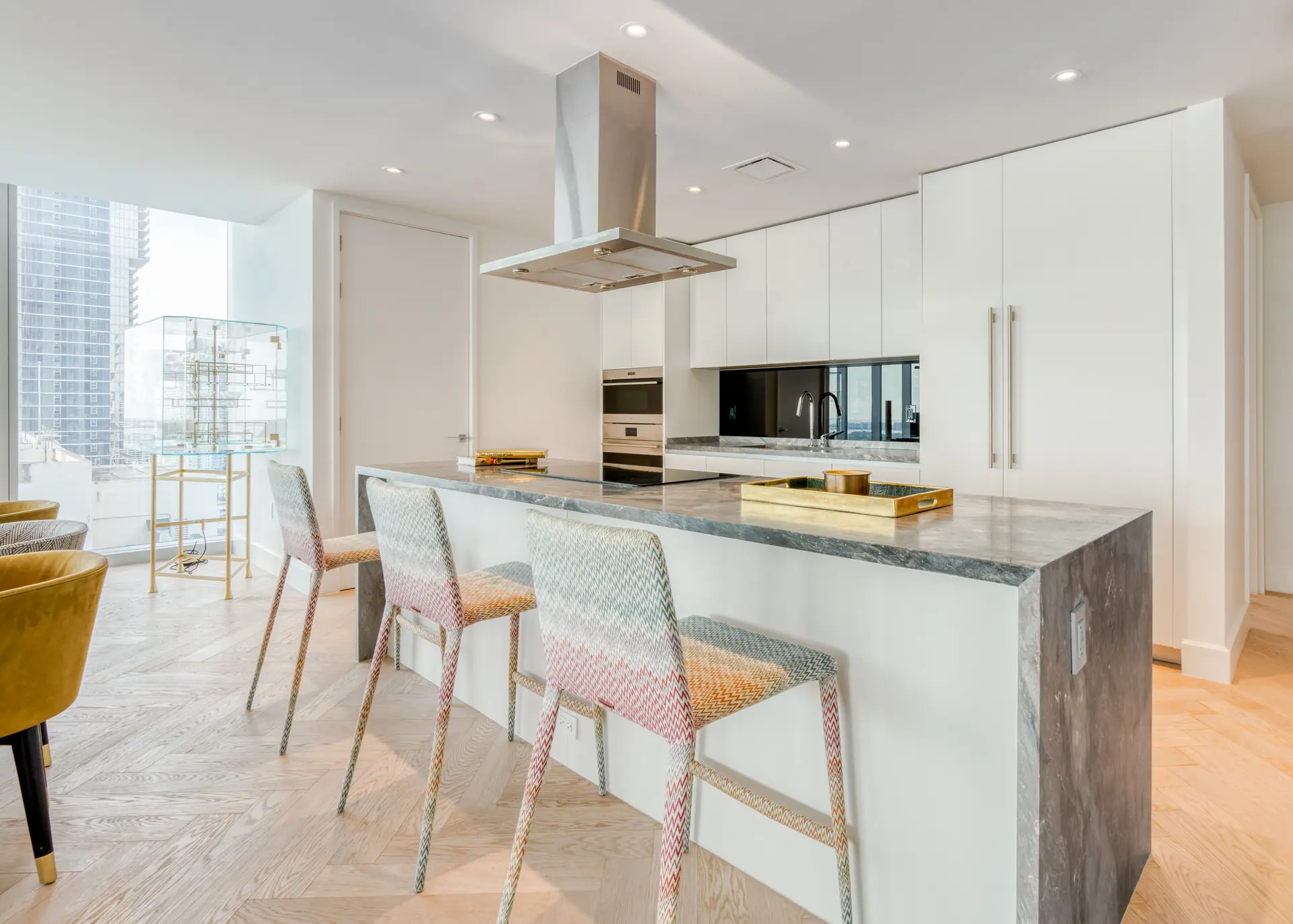 Missoni kitchen island with marble countertop in Miami luxury condo