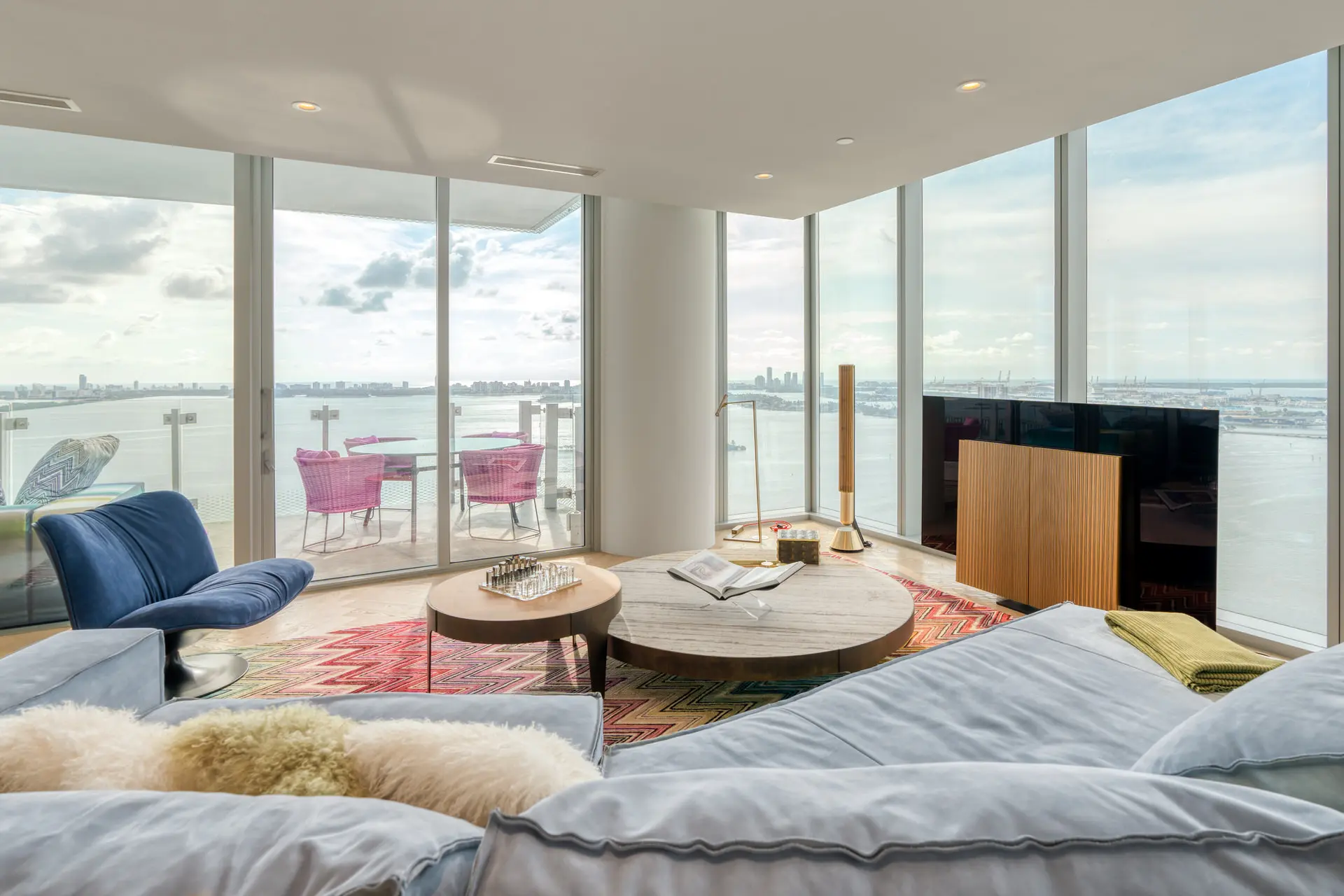 Missoni Baia penthouse living room with panoramic Biscayne Bay view