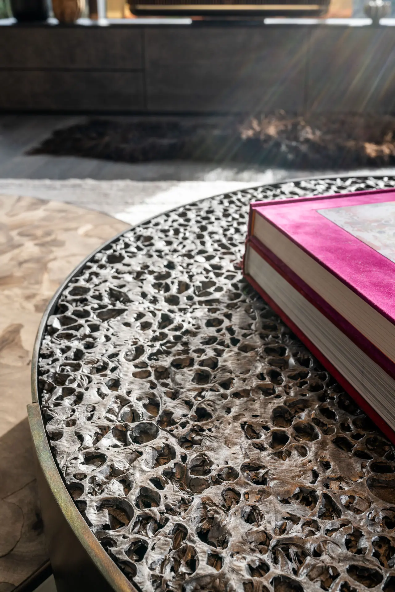 Henge coffee table textured surface close up in Kitzbuehel chalet