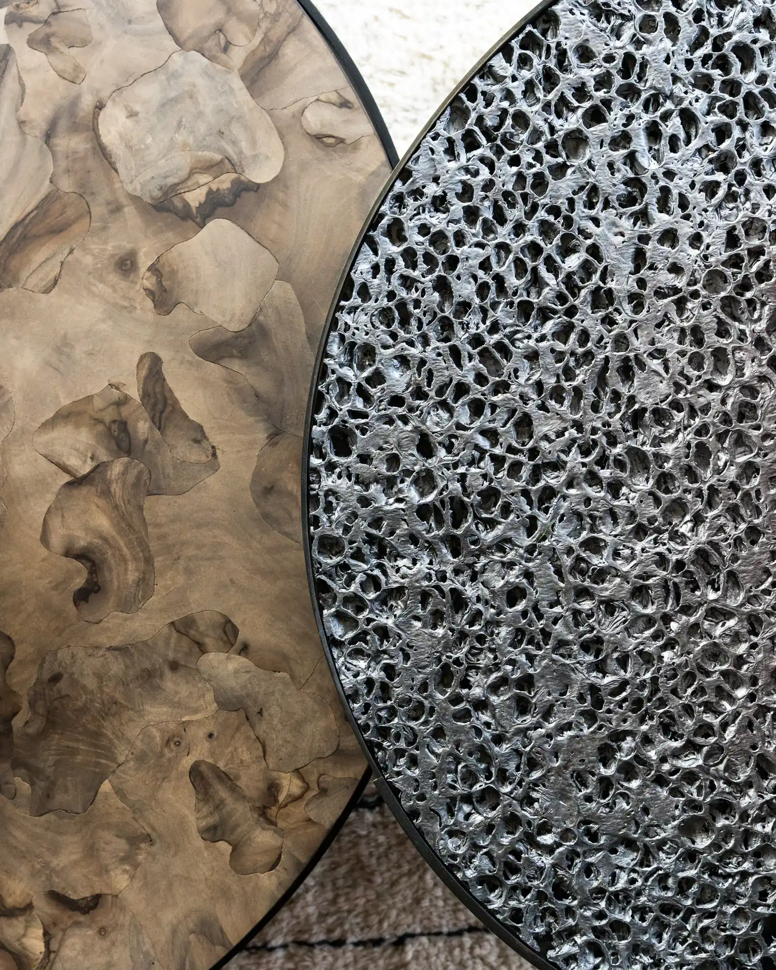 Henge coffee tables with organic surface detail in luxury chalet