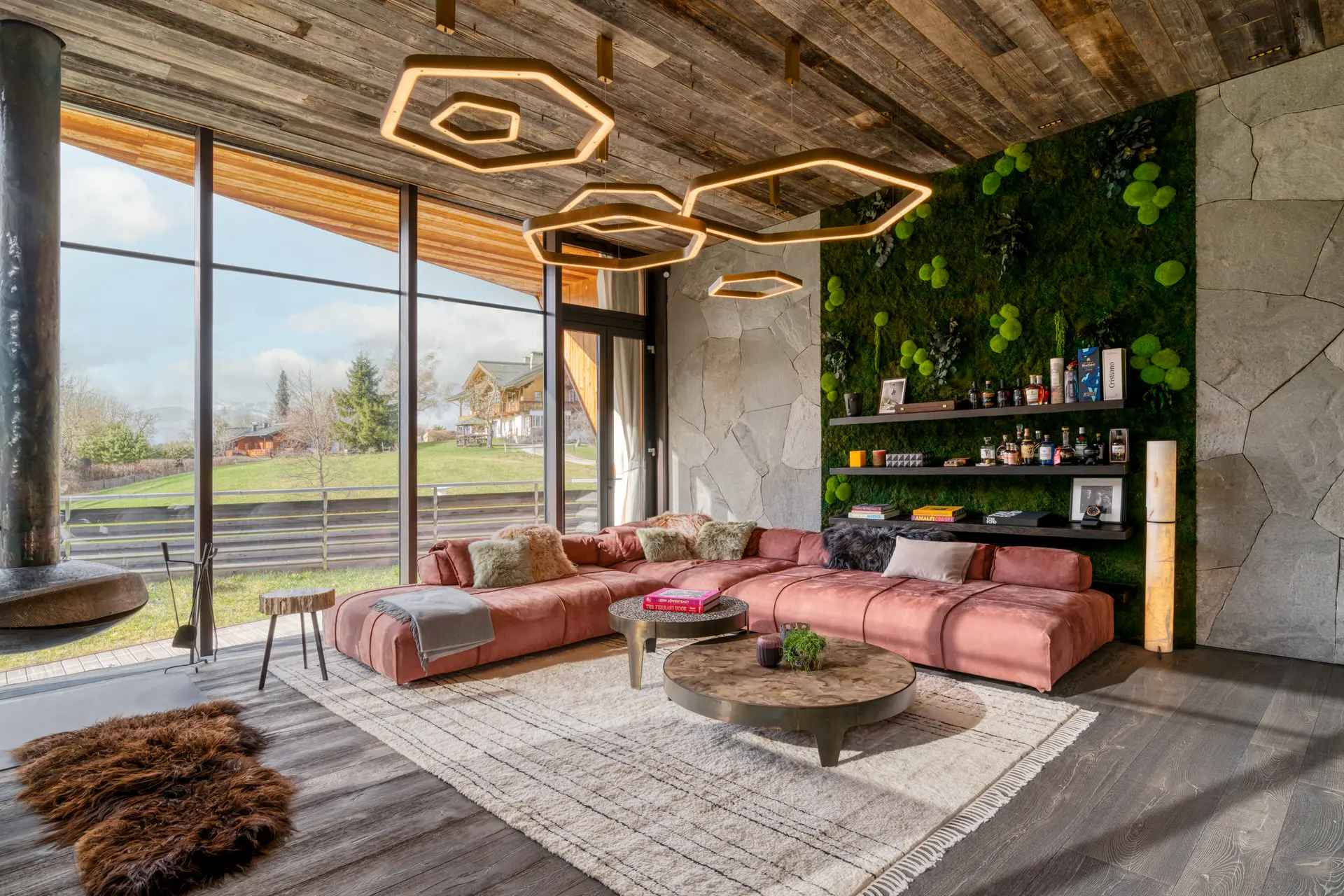 Baxter Panama Bold sofa in luxury Kitzbuehel chalet living room by Hoflehner Interiors